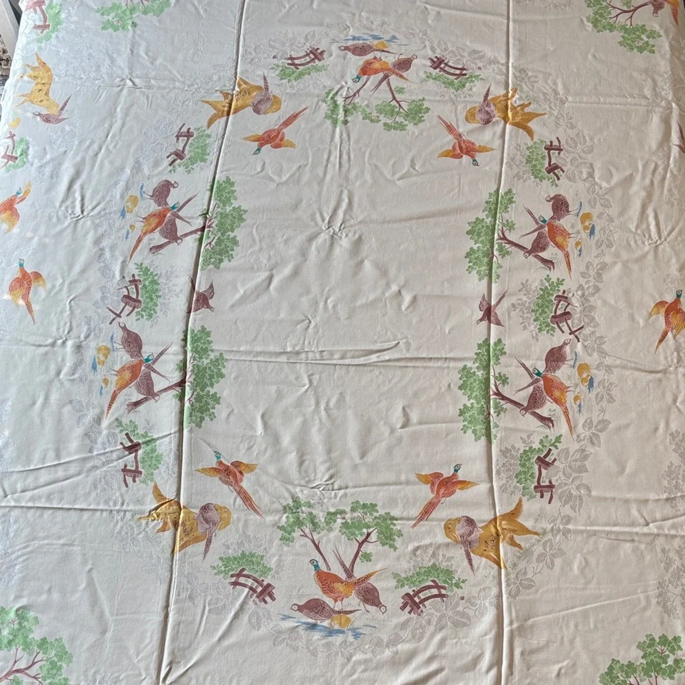 Vintage Old Bleach Linen Company Double Damask Tablecloth Pheasant Hunting
